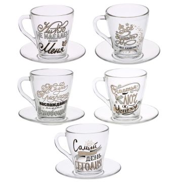 Чайная пара (кружка 250мл + блюдце D-13,2см), стекло, 5 дизайнов, ОСЗ На позитиве