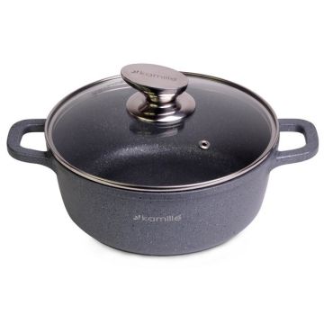 Кастрюля 4,5л (литой алюм., стекл. крышка, антиприг. «гранит» покрытие, индукц. дно) Kamille Польша