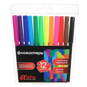 Фломастеры 12 цветов «Альфа», с цв.вент.колпачком, большие, смываемые, пластик, ПРЕМИУМ