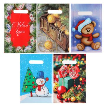 Пакет с вырубной не усиленной ручкой  20*30 «Новый год» 5 дизайнов в ассортименте
