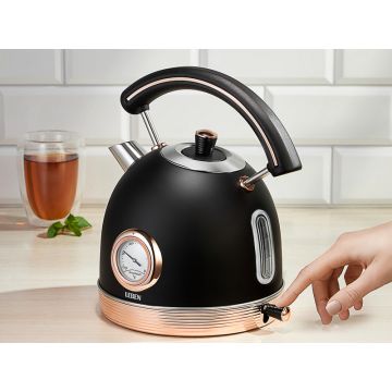 Чайник электрический 1,8л, 2200 Вт, металл, черный с золотом, термометр LEBEN