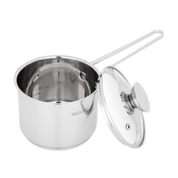 Ковш 1,0л из нержавеющей стали, стеклянная крышка, индукционное дно. SATOSHI