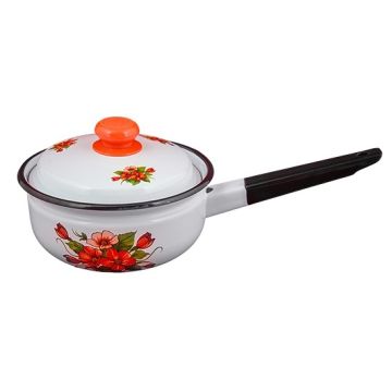 Ковш 1,5л с крышкой (эмаль, белый с рисунком микс,  пласт. кнопка) Россия