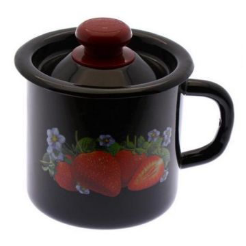 Кружка 1,0л с крышкой (эмаль, черная, рисунок микс) Россия